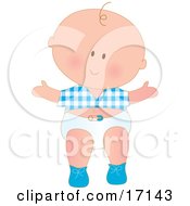 Caucasian Baby Boy Wearing A Blue Checkered Shirt And White Diaper While Taking His First Steps by Maria Bell