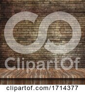 Poster, Art Print Of 3d Wooden Table Looking Out To A Grunge Brick Wall Texture