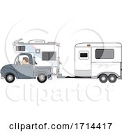 Poster, Art Print Of Woman Driving A Pickup Truck With A Camper And Hauling A Horse Trailer