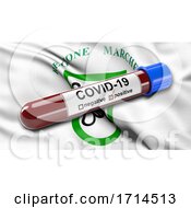 Poster, Art Print Of Italian State Flag Of Marche Waving In The Wind With A Positive Covid 19 Blood Test Tube