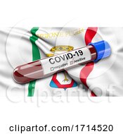 Poster, Art Print Of Italian State Flag Of Apulia Waving In The Wind With A Positive Covid 19 Blood Test Tube