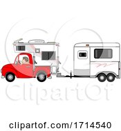 Poster, Art Print Of Woman Driving A Red Pickup Truck With A Camper And Hauling A Horse Trailer