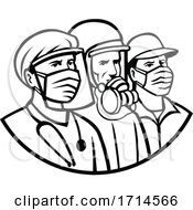 Poster, Art Print Of Essential Workers Wearing Mask As Heroes Black And White Retro