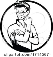 Rosie The Riveter Wearing Mask Circle Black And White by patrimonio
