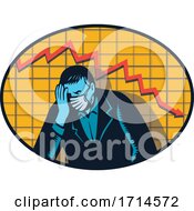 Poster, Art Print Of Depressed Businessman Wearing A Mask Over A Decline Arrow