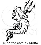 Poster, Art Print Of Seahorse With Trident Mascot Black And White