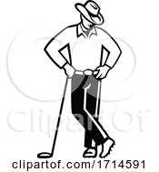 Cowboy Golfer Leaning Golf Club Black And White
