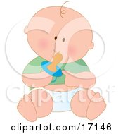 Caucasian Baby Boy In A Green Shirt And Diaper Holding A Pacifier Clipart Illustration