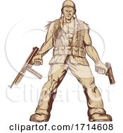 Poster, Art Print Of World War Two American Gi Soldier With Thompson Submachine Gun And Pistol