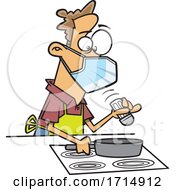 Cartoon Careful Man Wearing A Mask And Cooking by toonaday