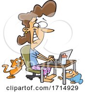 Cartoon Woman Working At Home As Her Baby Crawls And Cat Scratches Her Chair by toonaday
