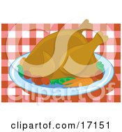 Cooked Thanksgiving Turkey Bird Served On A Platter With Vegetables Over A Red And White Checkered Table Cloth Clipart Illustration