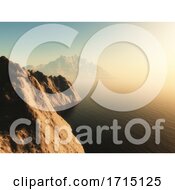 Poster, Art Print Of 3d Mountains In Sunset Ocean Landscape