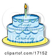 Poster, Art Print Of Two Layered Birthday Cake With Blue Frosting And A Lit Candle On Top