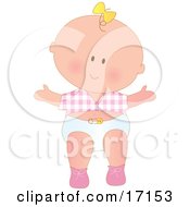 Caucasian Baby Girl With A Yellow Bow In Her Hair Wearing A Pink Checkered Shirt And White Diaper While Taking Her First Steps by Maria Bell