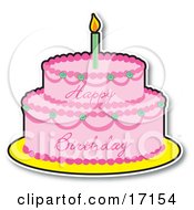 Two Layered Birthday Cake With Pink Frosting And A Lit Candle On Top