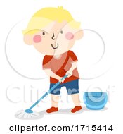 Poster, Art Print Of Kid Boy Clean Chores Mop Floor Illustration