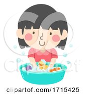 Poster, Art Print Of Kid Girl Washing Toys Illustration