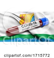 Poster, Art Print Of Flag Of Kirov Oblast Waving In The Wind With A Positive Covid 19 Blood Test Tube