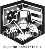 Black And White Retro Welder Working In An American Flag Shield With A Crown