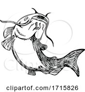 Poster, Art Print Of Catfish Mud Cat Jumping Up Black And White Drawing