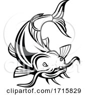 Poster, Art Print Of Catfish Or Wels Catfish Attacking Front Cartoon Black And White