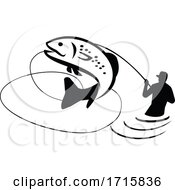 Fly Fisherman Reeling Trout Black And White Retro