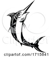 Poster, Art Print Of Atlantic Blue Marlin Jumping Retro Woodcut Black And White