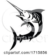 Poster, Art Print Of Blue Marlin Fish Jumping Up Retro Black And White