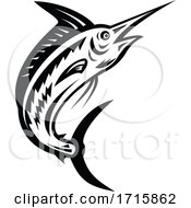 Poster, Art Print Of Atlantic Blue Marlin Jumping Up Retro Woodcut Black And White