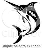 Poster, Art Print Of Blue Marlin Jumping Up Retro Black And White