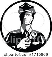 Poster, Art Print Of Security Guard With Flashlight Front View Circle Retro Black And White