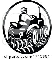 Poster, Art Print Of Organic Farmer Plowing Field With Vintage Tractor Oval Retro Monochrome