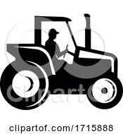 Poster, Art Print Of Vintage Farm Tractor Side View Silhouette Black And White
