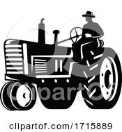 Organic Farmer Driving Vintage Tractor Retro Silhouette Black And White