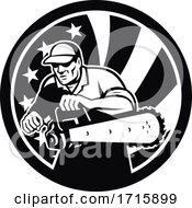 Poster, Art Print Of American Arborist With Chainsaw And Usa Star Spangled Banner Black And White
