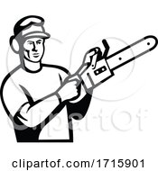 Poster, Art Print Of Arborist Or Tree Surgeon With Chainsaw Black And White Retro