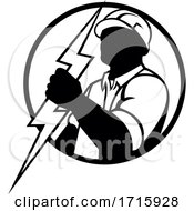 Poster, Art Print Of Electrician Holding Lightning Bolt Mascot Circle Black And White