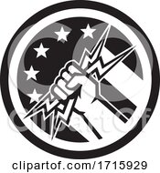 Poster, Art Print Of Electrician Hand Pipe Holding Lightning Bolt Usa Flag Circle Icon Black And White