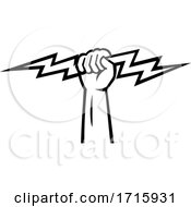 Poster, Art Print Of Electrician Power Lineman Hand Holding Lightning Bolt Retro Black And White