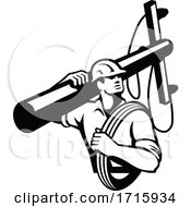 Power Lineman Repairman Carrying Electric Pole Black And White Retro
