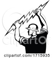 Poster, Art Print Of Electrician Wielding Lightning Bolt Side View Retro Black And White