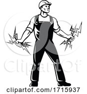 Poster, Art Print Of Electrician Lineworker Holding A Bunch Of Lightning Bolt Standing Retro Black And White