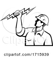 Poster, Art Print Of Electrician Power Lineman Or Construction Worker Holding Lightning Bolt Retro