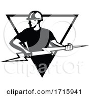 Poster, Art Print Of Power Lineman With Thunderbolt Triangle Black And White