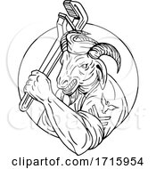 Poster, Art Print Of Navy Goat Holding Pipe Wrench Circle Black And White