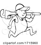 Retro Cartoon Plumber Or Handy Man Holding A Monkey Wrench
