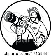Poster, Art Print Of Fireman Firefighter Aiming Fire Hose Circle Black And White