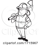 Fireman Or Firefighter Holding A Fire Axe Cartoon Black And White