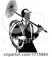 Poster, Art Print Of Chimney Sweep Holding Sweeper And Rope Side View Retro Black And White